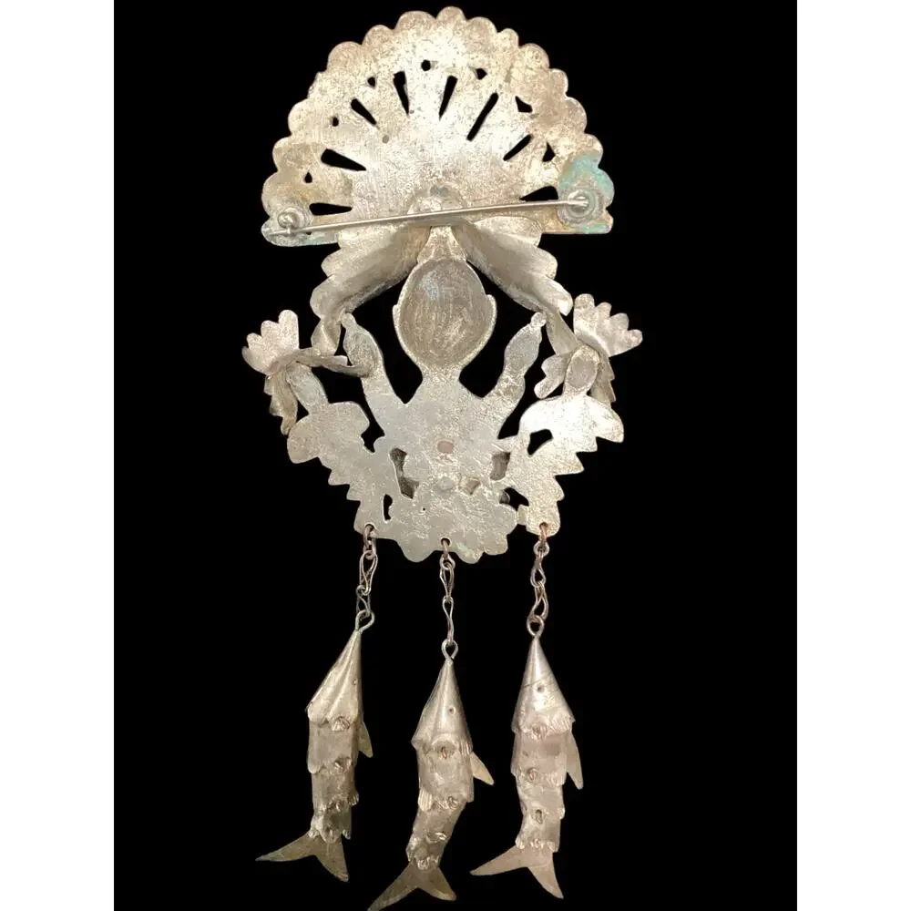 Gorgeous Rare Vintage Metal Shawl Brooch Peacock Peruvian Colonial Tupu Pin
